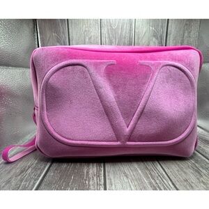NEW VALENTINO Pink Velvet Logo Large Wristlet Clutch/ Cosmetic Bag